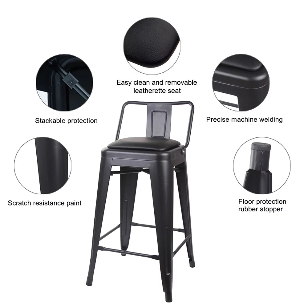 Black 24 inch Low Back Metal Barstool with Vegan Leather Seat, Set of 4 L520