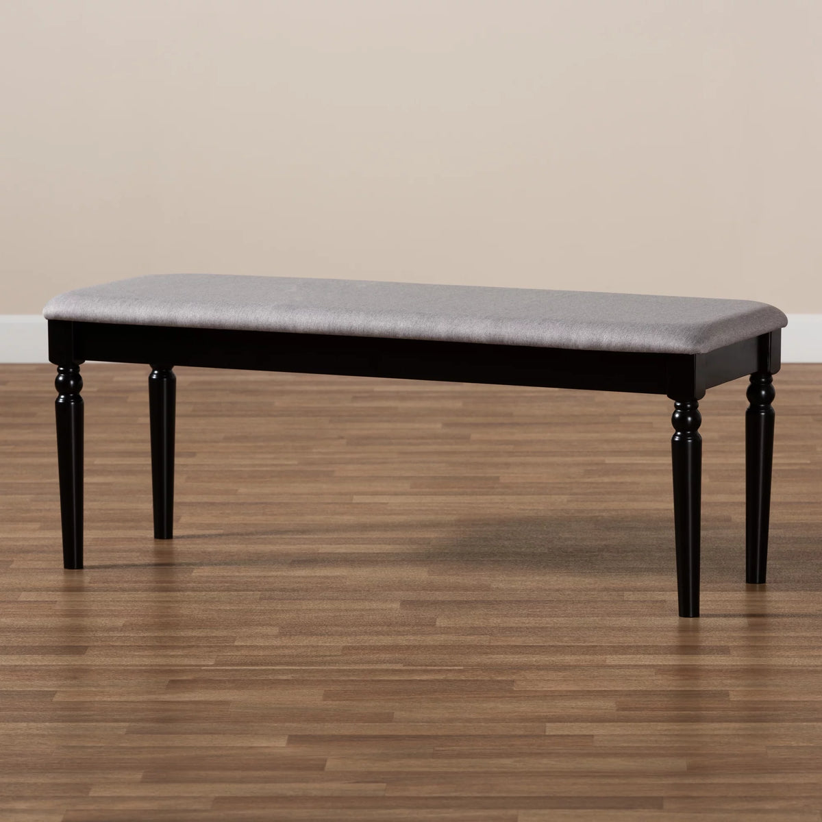 Grey Fabric Upholstered Dark Brown Wood Dining Bench C71024