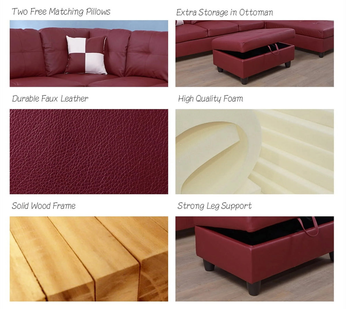 Red Faux Leather Sofa & Chaise with Ottoman A554