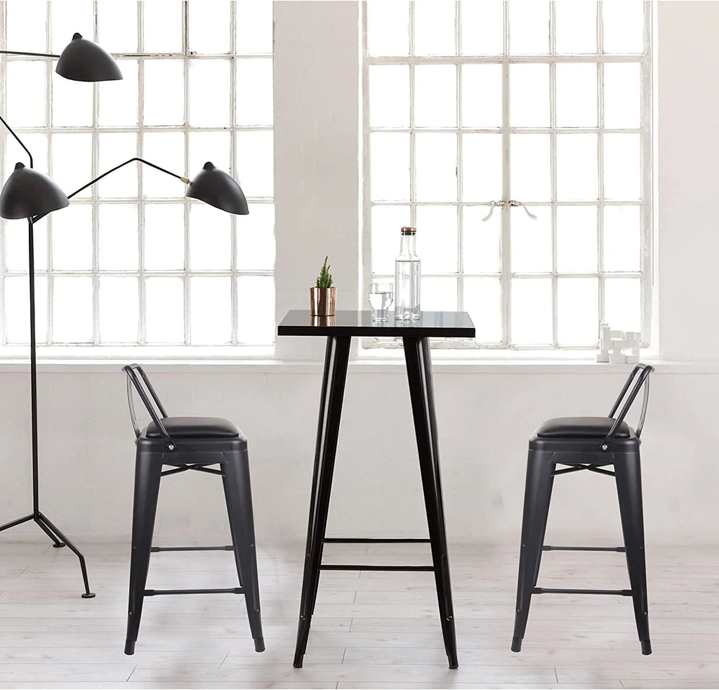 Black 24 inch Low Back Metal Barstool with Vegan Leather Seat, Set of 4 L520