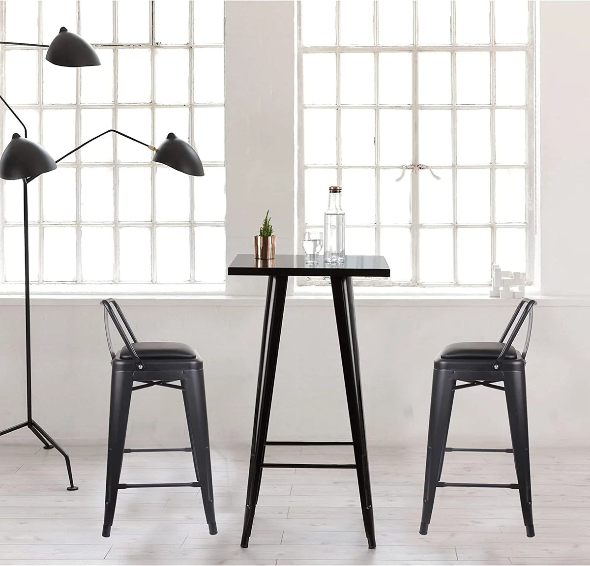 Black 24 inch Low Back Metal Barstool with Vegan Leather Seat, Set of 4 L520