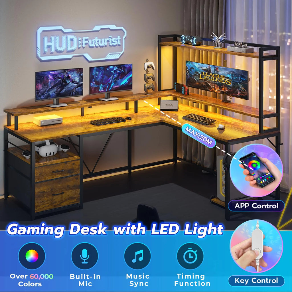 L Shaped Desk with LED Light and File Drawer M5384