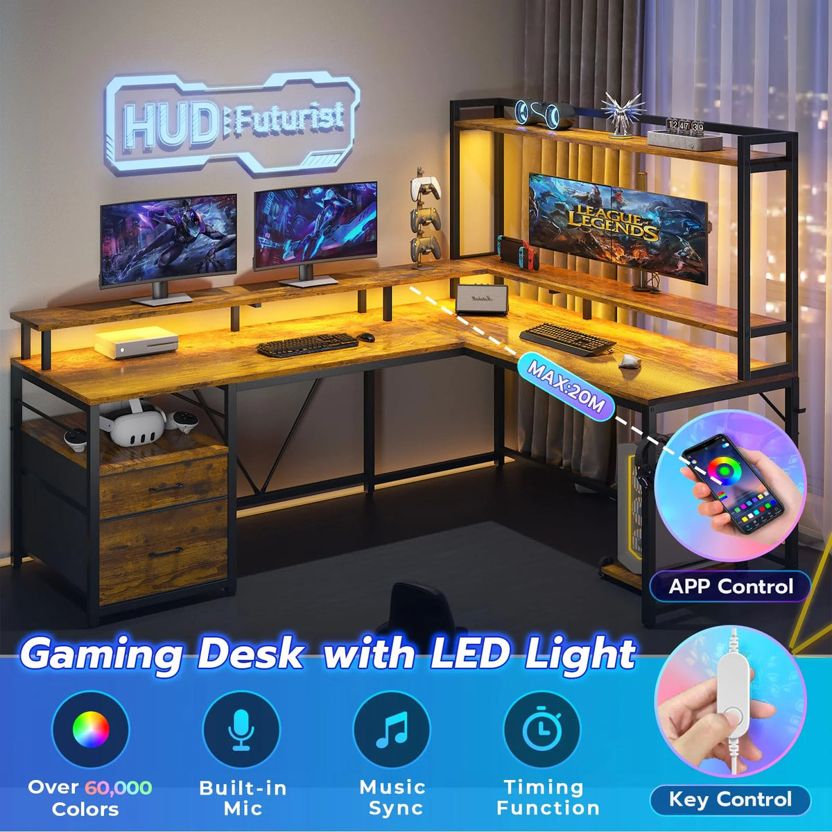 L Shaped Desk with LED Light and File Drawer M5384