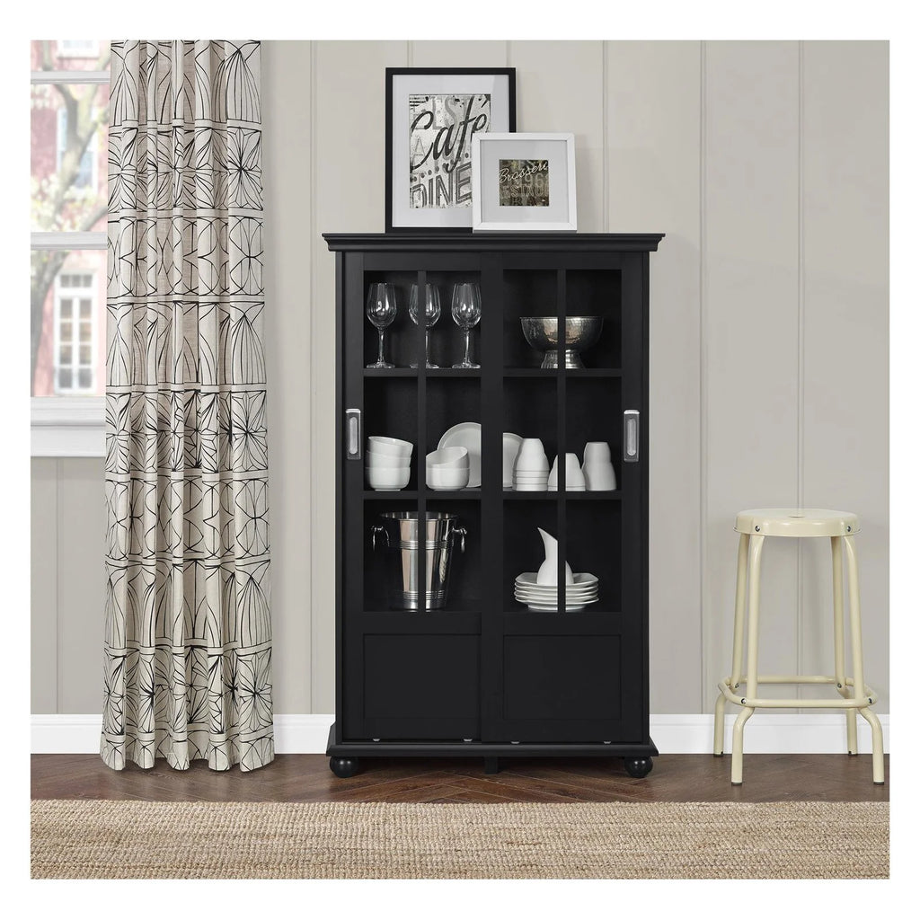 Black Bookcase with Sliding Glass Doors B426