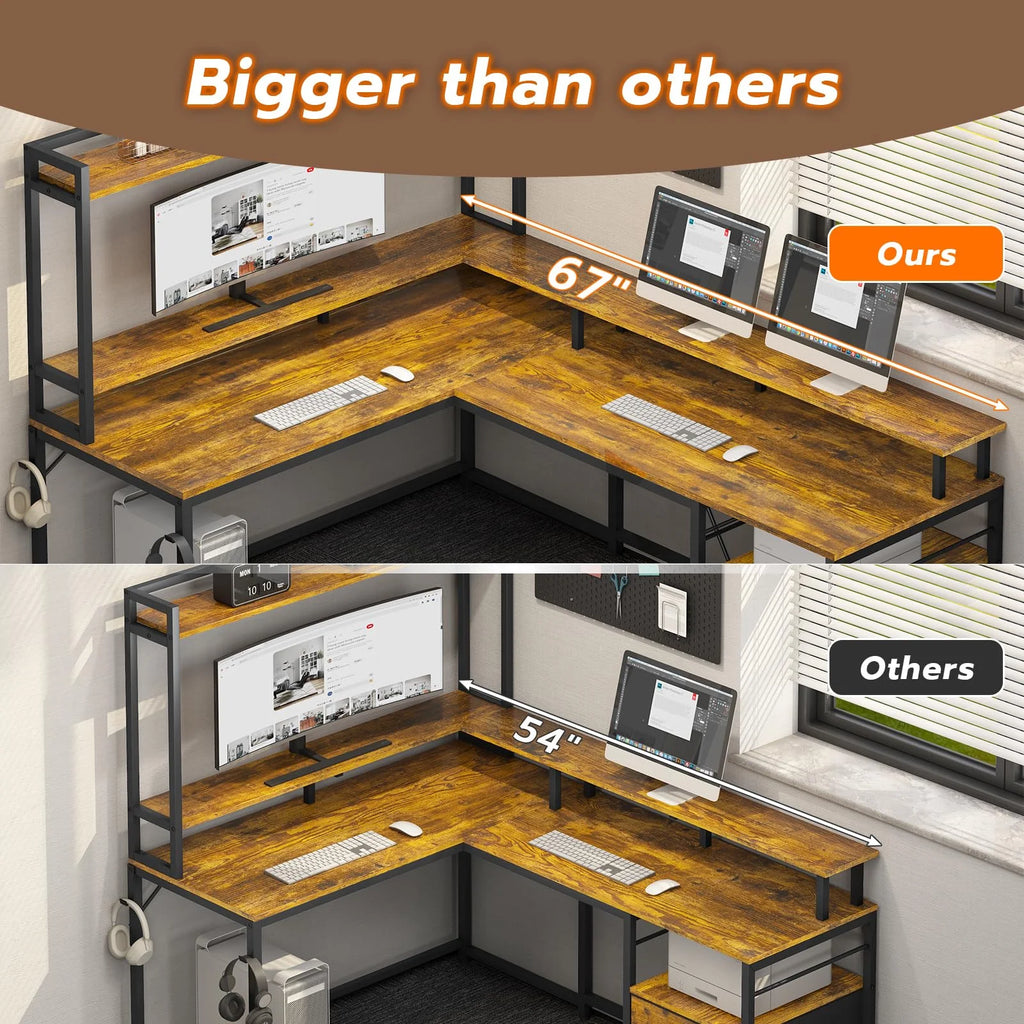 L Shaped Desk with LED Light and File Drawer M5384