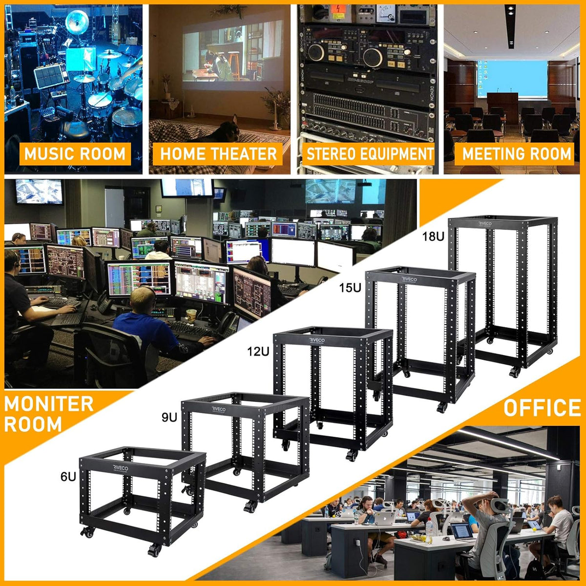 12U Open Frame Server Rack with Casters, 4 Post, 19-inch, Black Y97864