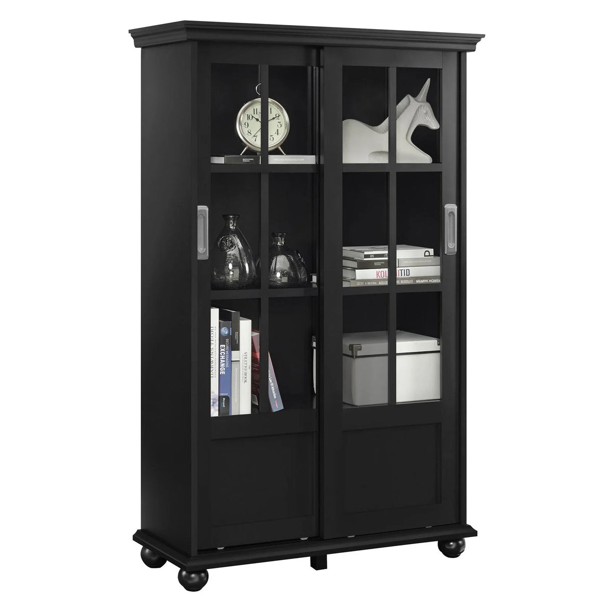 Black Bookcase with Sliding Glass Doors B426