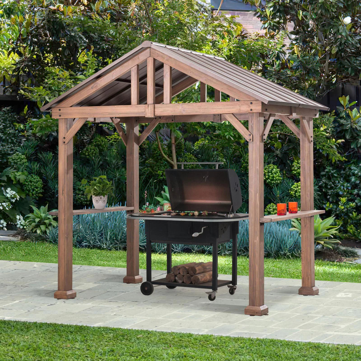 9 ft. x 6 ft. Cedar Wood Hardtop Grill Gazebo D983589