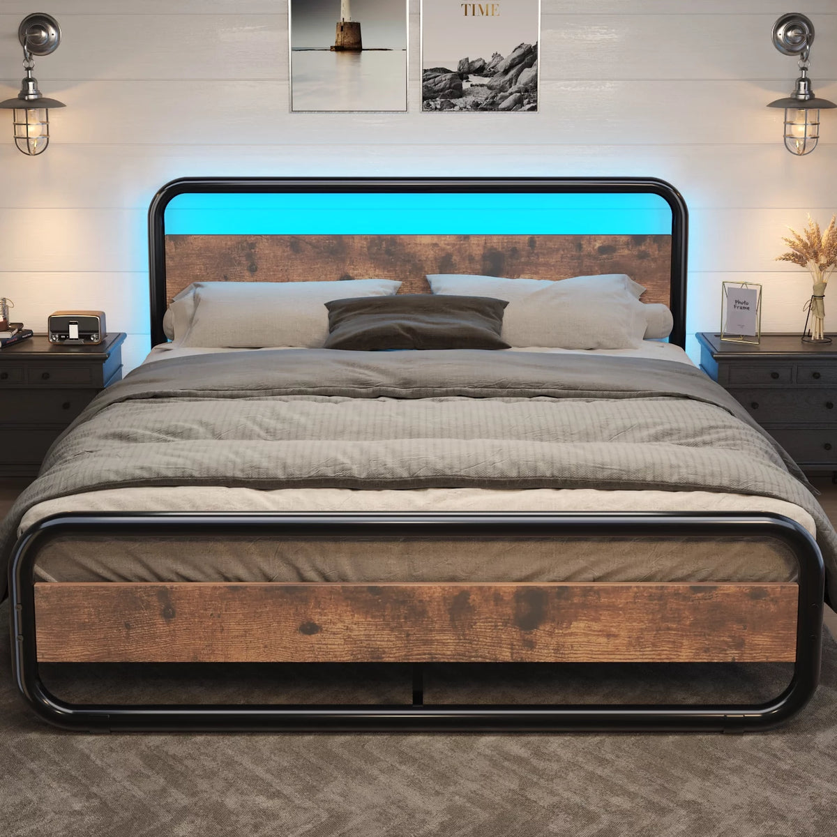 King Size LED Headboard Metal Platform Bed Frame B8530