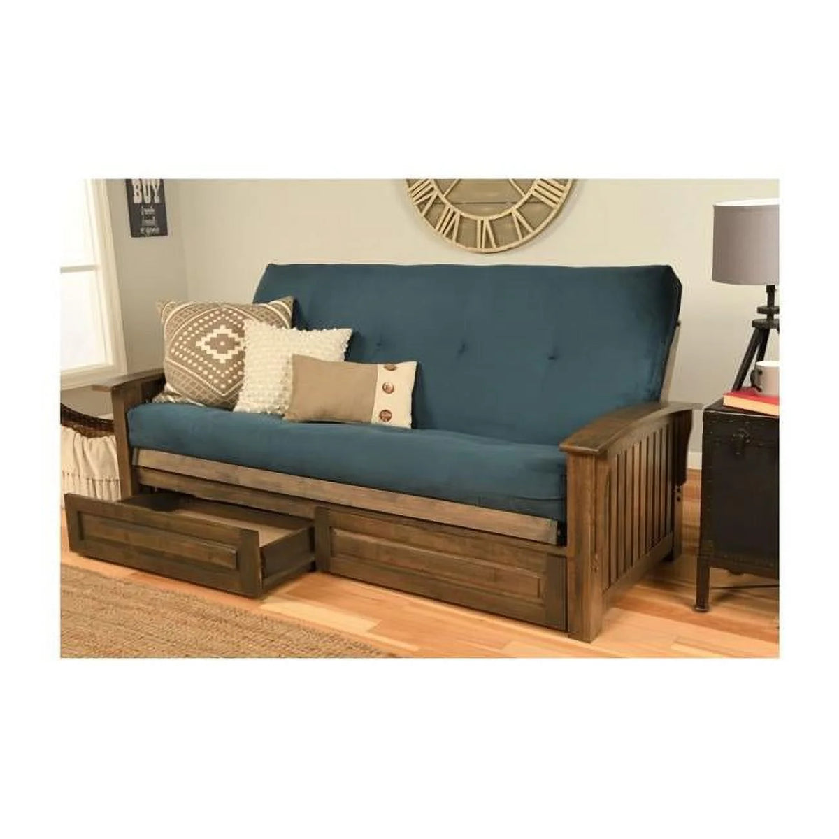 Walnut Full Size Futon Frame with Mattress & Storage Drawers P810672
