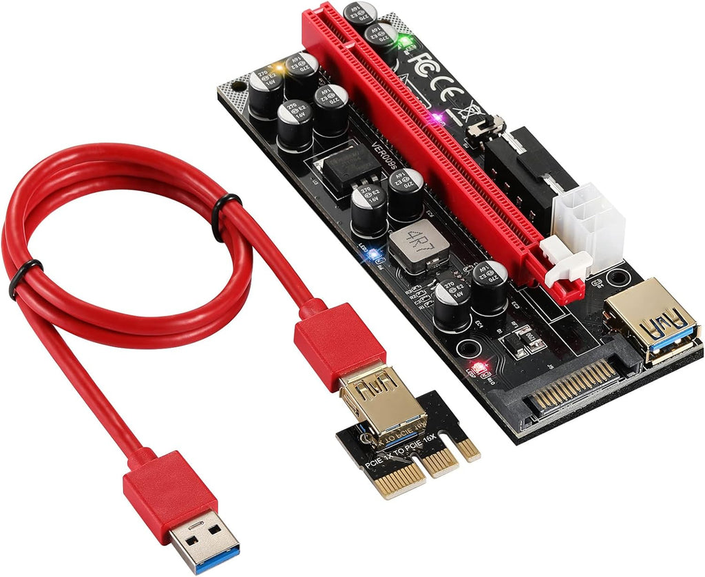 Red 6 PCS PCI-E 1X to 16X Riser Card with 6PIN SATA Power Cable C37774