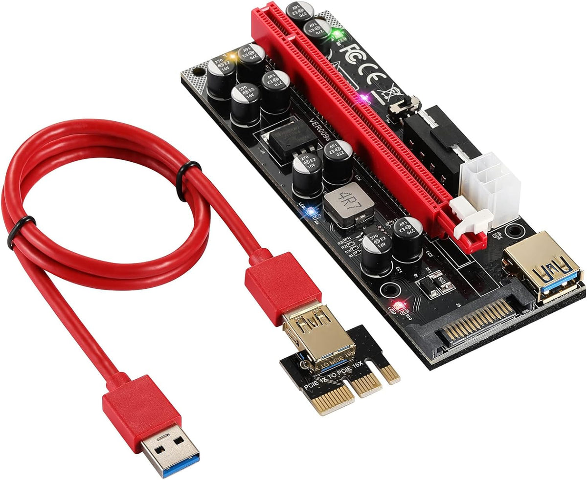 Red 6 PCS PCI-E 1X to 16X Riser Card with 6PIN SATA Power Cable C37774