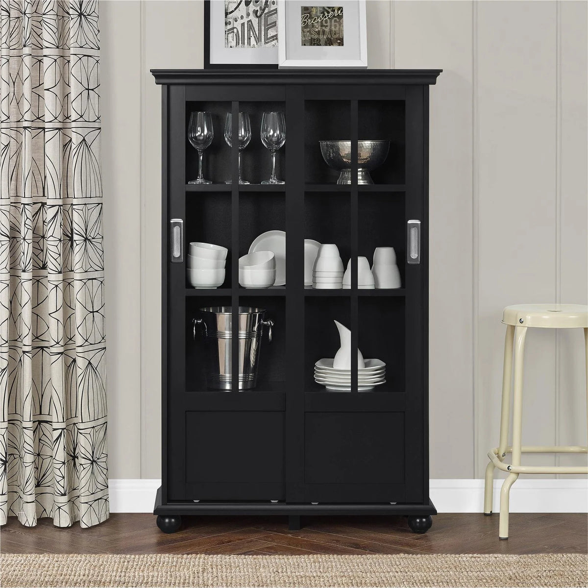 Black Bookcase with Sliding Glass Doors B426