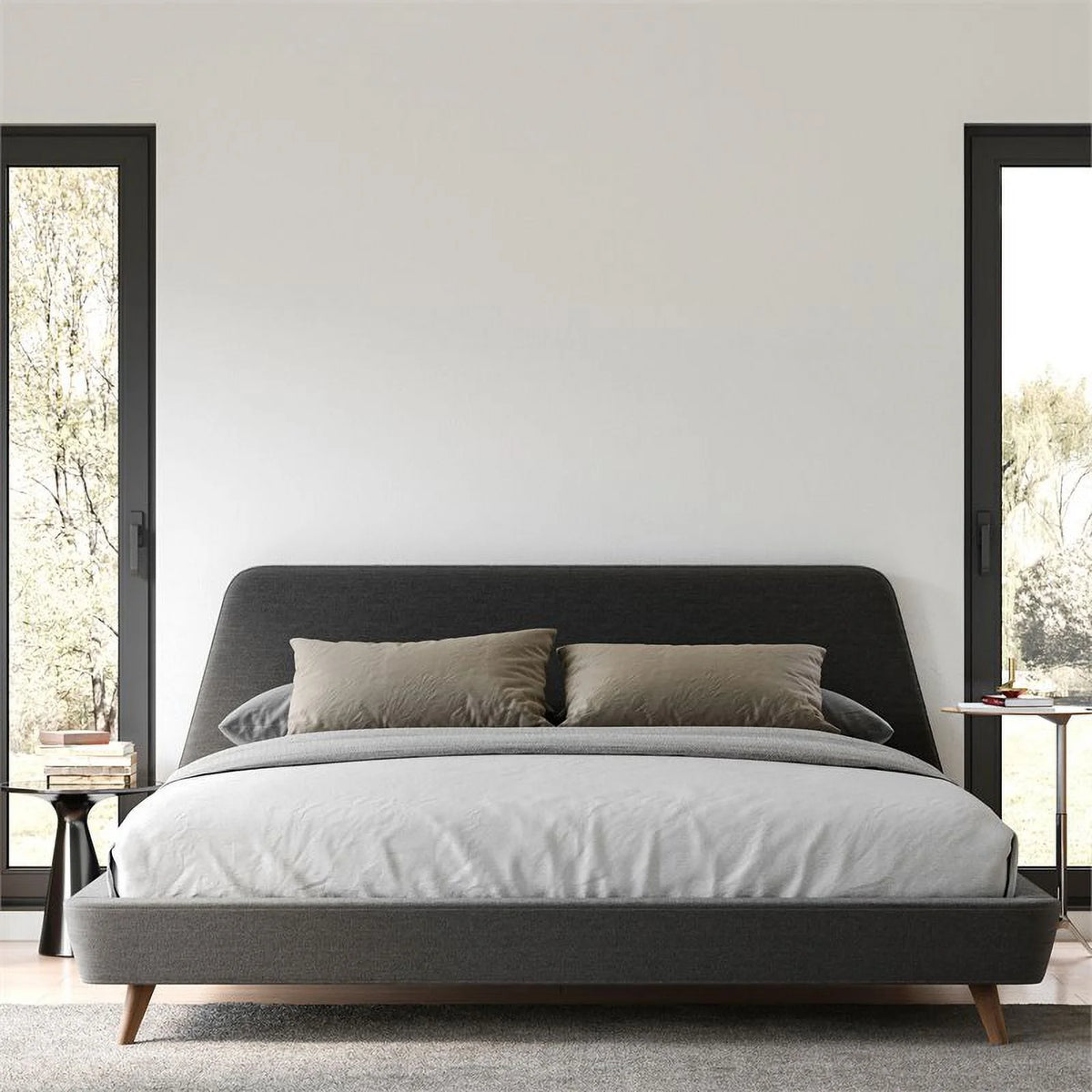 King Wood and Fabric Upholstered Platform Bed Dark Gray C35668
