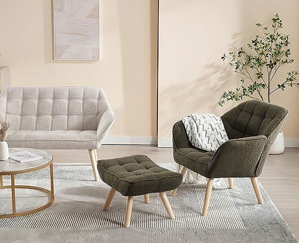 Small 2-Seat Green Sherpa Loveseat with Wood Legs Y9097