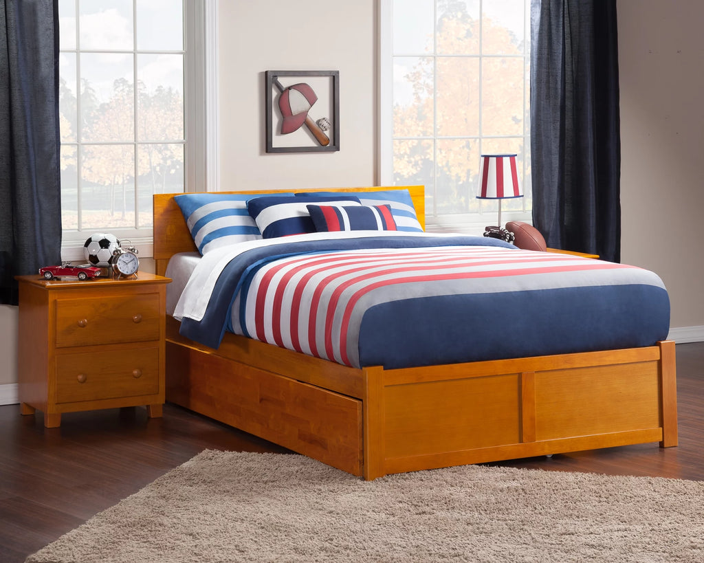 Caramel Solid Wood Platform Bed with Footboard and Twin Trundle C5398